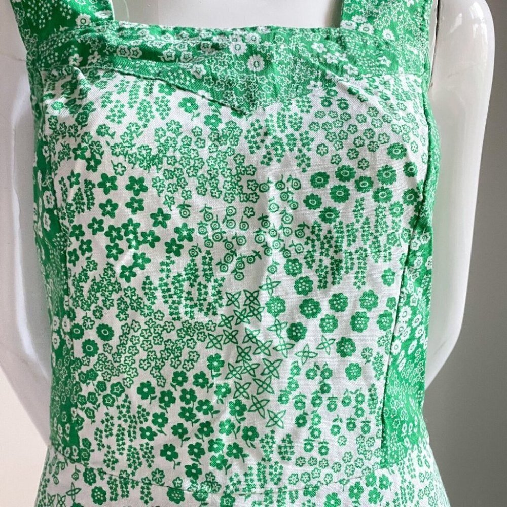 Vintage Cottage Core Micro Chintz Floral Emerald Green  Ruffle Hem Midi Dress S - Picture 3 of 8